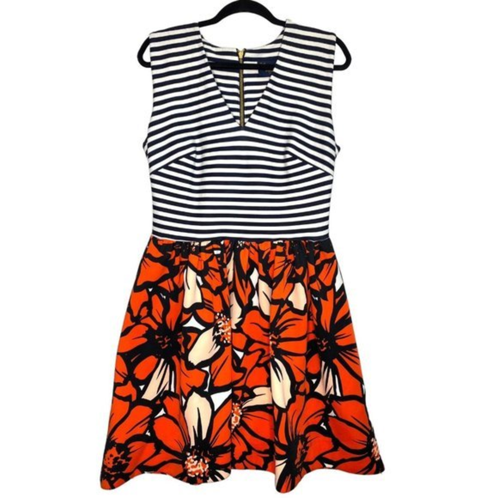 Just...Taylor Navy & White Striped Bodice with Orange Floral Skirt Dress